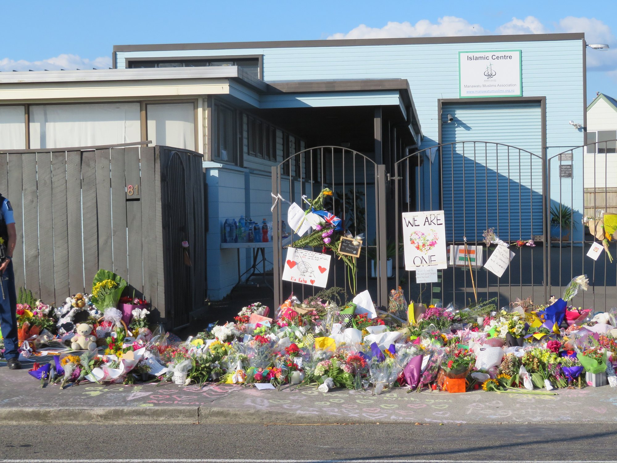 Flowers and messages placed outside an Islamic centre after the Christchurch mosque attacks