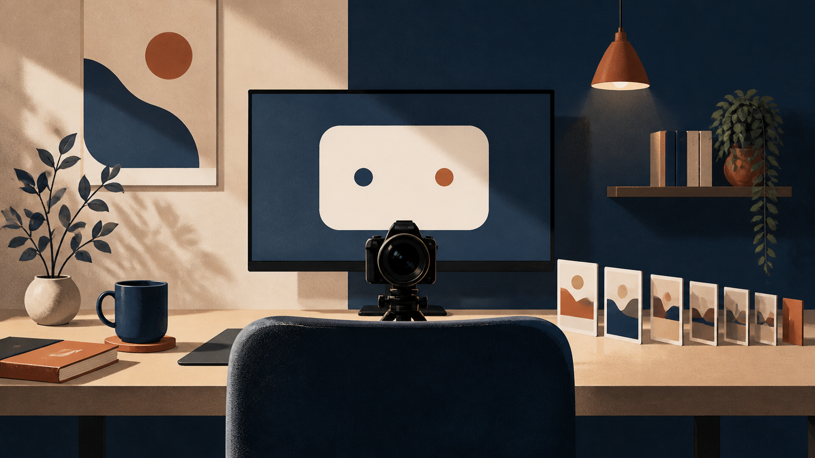 Editorial illustration of an empty chair facing an eye-level camera and a screen with three abstract gaze points